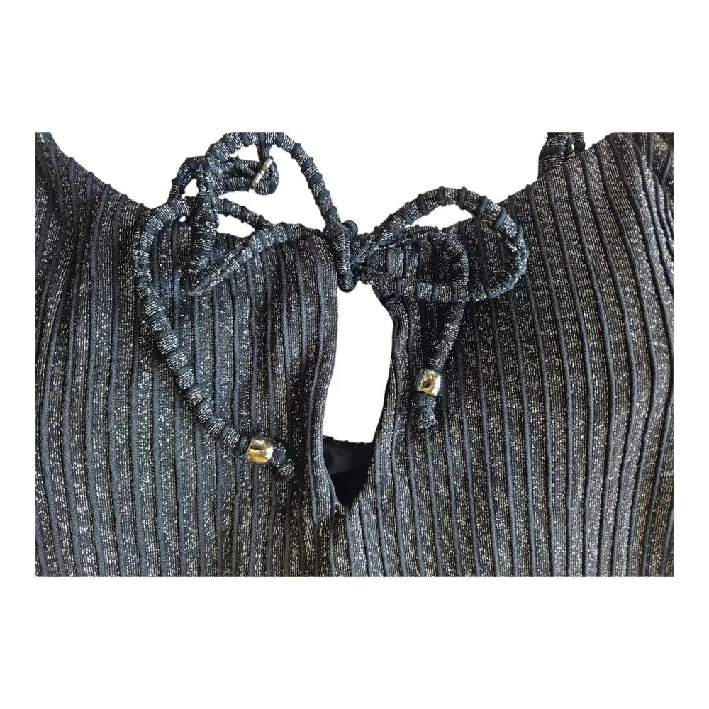 ANDIE Swim Women S The Waikiki Top Bikini Black Silver Sparkle Keyhole Tie NEW